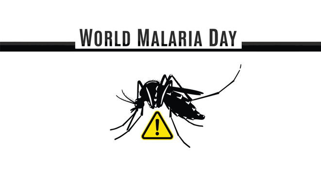 World Malaria Day awareness graphic featuring a dangerous mosquito silhouette and a prominent warning sign illustration