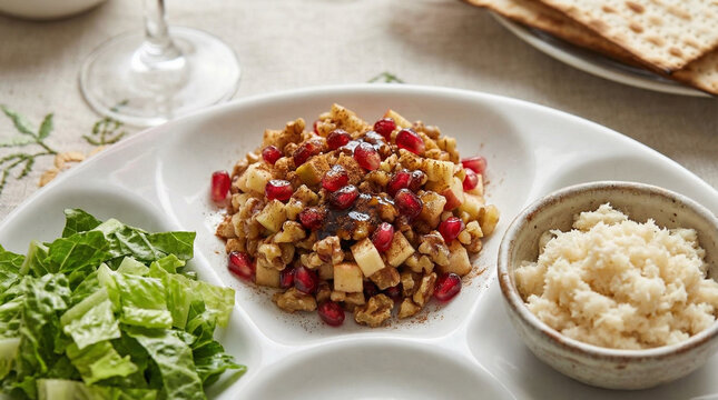 Passover Seder plate with charoset horseradish and romaine lettuce