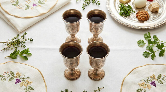 Four Kiddush cups of wine on white linen tablecloth for Passover Seder