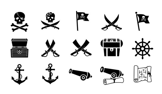 Set of Pirate and Nautical Icons with Skull, Swords, Treasure Chest, Anchor, Ship Wheel, and Cannons in Minimal Black Style for Adventure and Marine Design