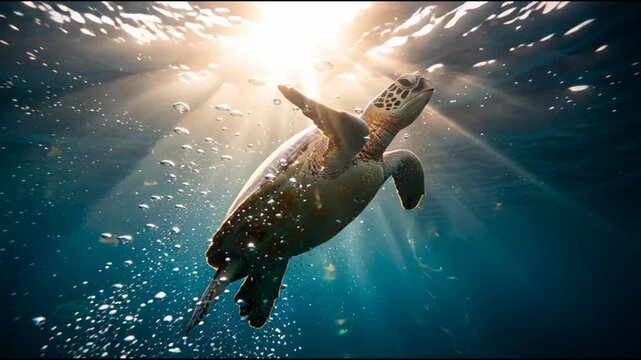 Sea turtle swimming underwater towards sun rays for World Turtle Day