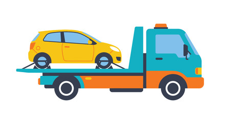 Obraz premium A yellow car is transported on a blue and orange tow truck