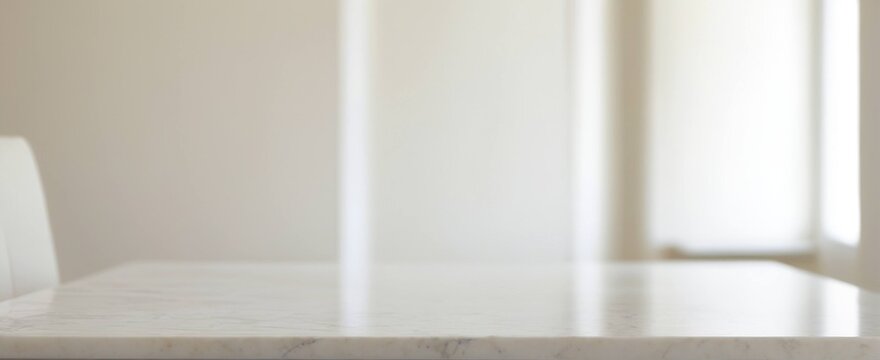 White marble table top and blurred bright interior background