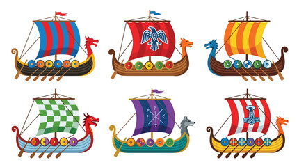 A colorful illustration of six viking longships with ornate designs © vectors home