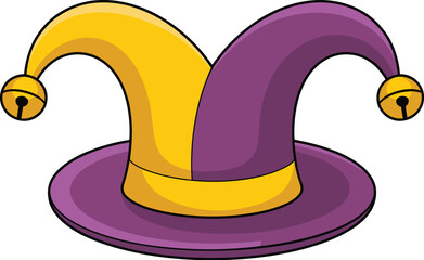 Fototapeta premium Vibrant jester's hat with purple and gold colors on display indoors