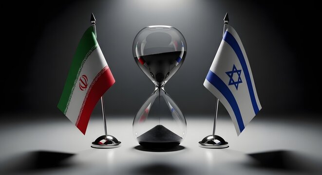 Geopolitical tension concept with hourglass between Iran and Israel flags, symbolic countdown to conflict or peace, diplomatic crisis and time running out
