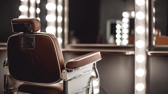 diffused. Elegant beauty salon chair with a mirror reflection, set in a minimalist space with diffused lighting. lifestyle magazines.