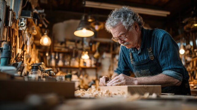 Older Man in Woodworking Class Molds Wood With Care in a Warm Workshop Environment Focusing on Skill Building and DIY Passion