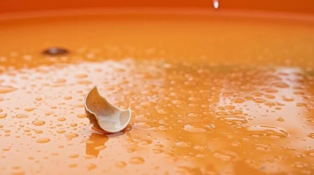 hand holding snail shell on wet orange surface