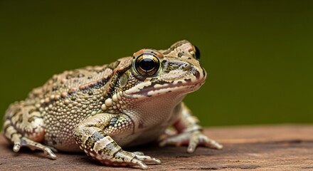 Fototapeta premium Close-up Portrait of a Common Toad on a Wooden Surface with Green Background.
