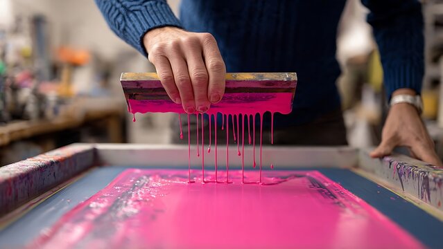 Screen printing process with pink ink in a studio
