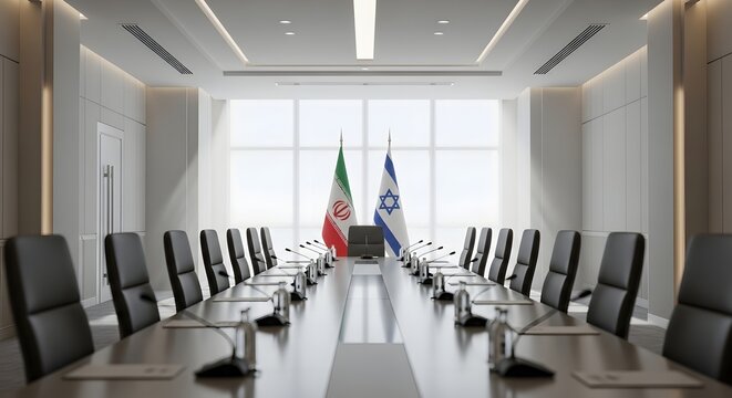 Diplomatic conference room with Iran and Israel flags, international summit meeting table
