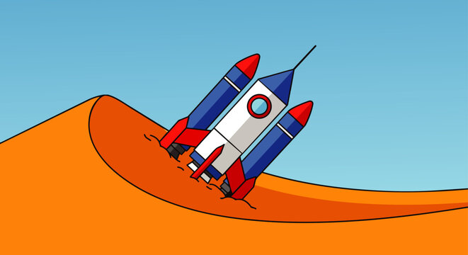 a rocket crash-landed sideways in a desert dune illustrating a spacecraft accident or launch failure concept for technology challenges