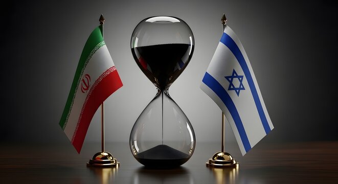 Geopolitical tension hourglass, national flags on desk, concept of diplomatic time running out