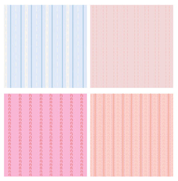 Set of seamless vector patterns with vertical stripes and dashed line elements in soft pastel colors. Minimal geometric textile backgrounds suitable for fabric, wrapping, wallpaper, and stationery 