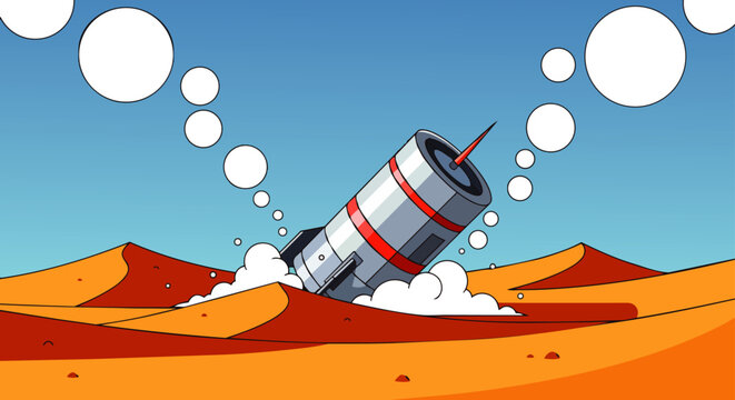 rocket crash lands in a vast desert landscape with thought bubbles illustrating a failed mission or conceptual setback.