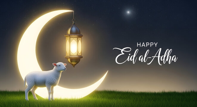 Eid al adha greeting with a sheep and crescent moon