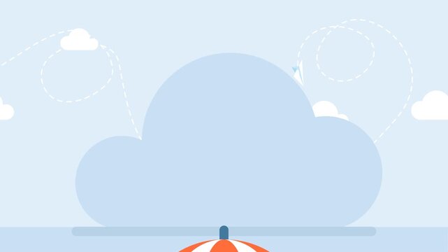Female hand holding open umbrella. Protection and insurance. Woman's safety. Girl in a red sweater holding a white-red striped umbrella to protect her from bad weather. Front view. 2d flat animation