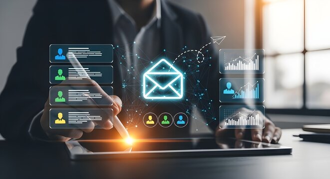 Digital email marketing communication strategy with entrepreneur working on laptop analyzing campaign analytics dashboard targeting audience and sending automated messages for business development