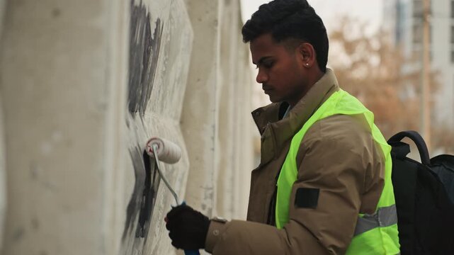 South asian man painting concrete wall, inspecting surface before repair highvisibility vest, roller in hand, backpack and winter jacket, close profile shot, focused expression, urban street setting