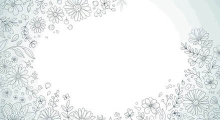 Fototapeta premium Delicate floral border with empty space for text, hand-drawn sketch style, light blue and white.