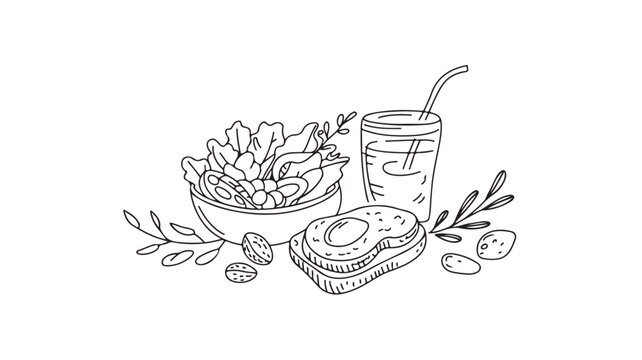 Healthy Breakfast Illustration, Salad Bowl, Toast with Egg, and Water Glass Line Art Food Set