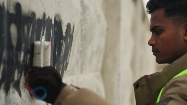 South asian man repairing graffiti on wall, urban maintenance worker wearing reflective vest and heavy coat uses spray can and gloves to cover black tags, focused expression, cool winter light,