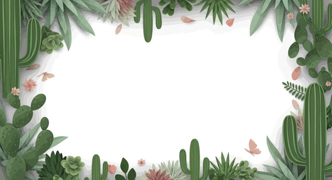 Desert Cactus Border Frame with Succulents and Butterflies - Greenery and Nature