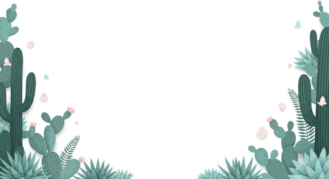 Desert Cactus Border with Succulents and Flowers, Green and Pink Tones, White Background