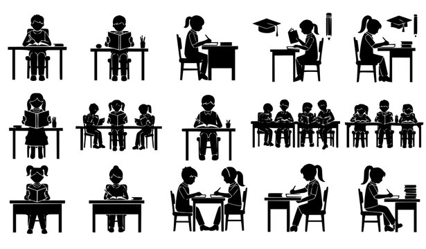  Student Classroom Activity Silhouette Set Featuring Children Studying, Writing, Reading, Group Learning, Teacher Interaction, and School Education Scenes for Academic Design