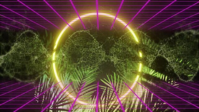 Yellow-gold ring pulsing, rotating after arc sweep, driving fractal band and palm fronds for design