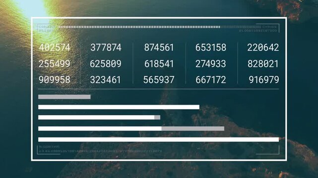 HUD overlay receiving data feed, animating numeric grid and bars over coastline for analytics