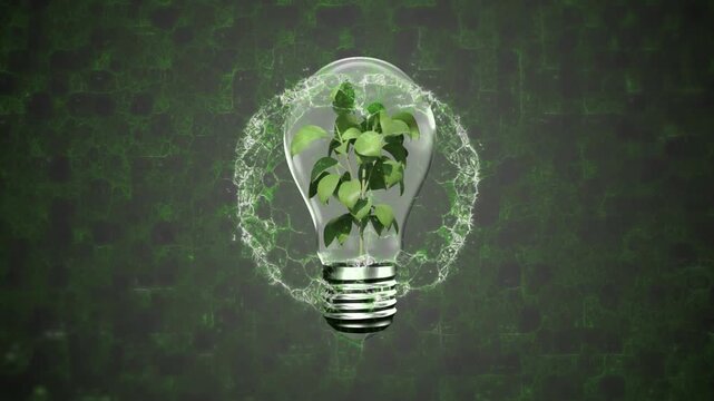 Pulsing green halo initiating plant growth inside glass bulb with metal screw base at hexagon grid