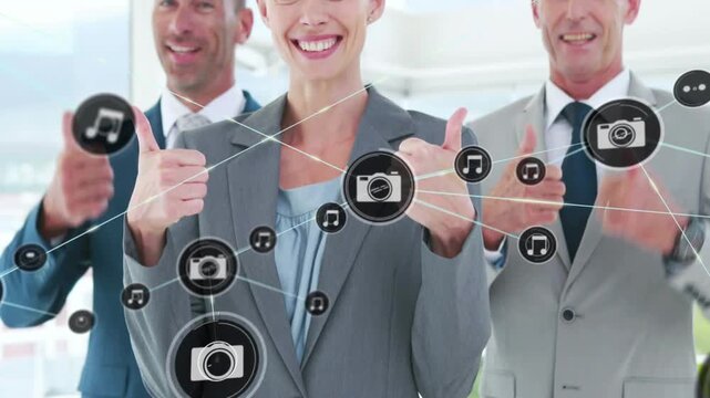 Lead exec uncrossing after network appearing raising thumbs while team copying overlay for business