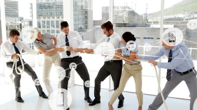Six business team uncoiling rope pulling and bracing for teamwork while app icons overlaying group