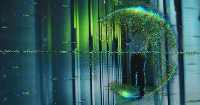 Approaching aisle, tech in shirt checking racks in DC on phone watching particle sphere, copy space