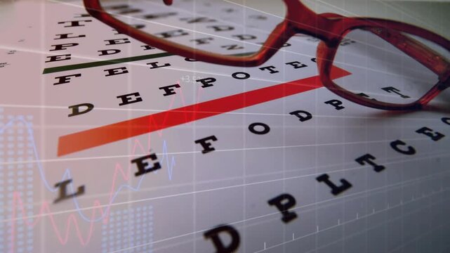 Sliding red-framed eyeglasses revealing magnified letters on printed eye chart, with data overlays