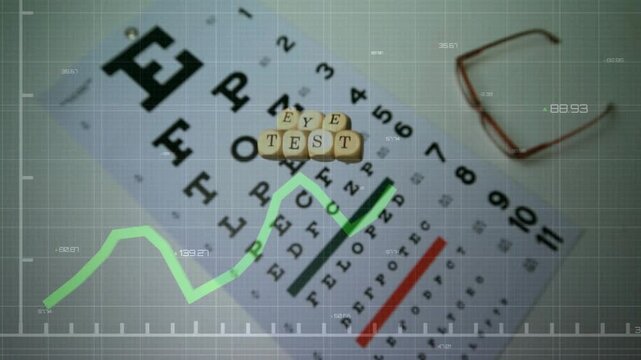 Wooden cubes appearing, forming EYE TEST, tumbling on chart while neon-green graph tracing vision