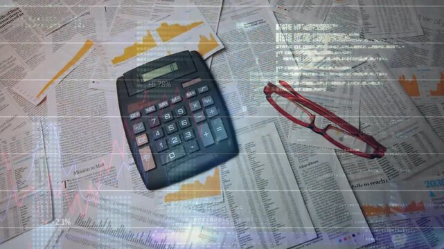 Camera shifting, black calculator rotating at desk, red glasses sliding, revealing HUD overlays