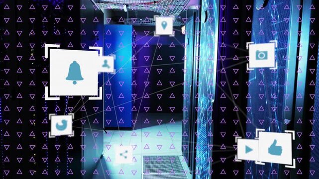 Sequence progressing showing floating icons over datacenter, triangle mesh scaling to mark racks