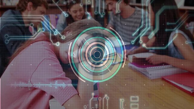 Female student resting head at table while peers studying, HUD pulsing, highlighting study notes