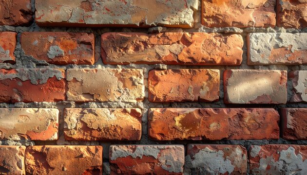 Close-up view of a weathered brick wall with rough textures and chipped paint.