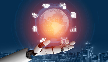 Obraz premium AI artificial intelligence supports global marketing with virtual analytics, cross-border planning, and smart financial tools for strategic international growth. Vouch