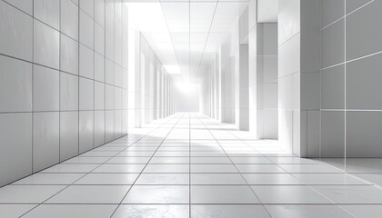 Obraz premium A brightly lit modern white hallway with tiled walls and floor.