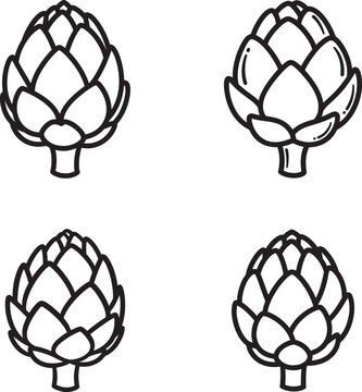 Four artichoke illustrations in black and white
