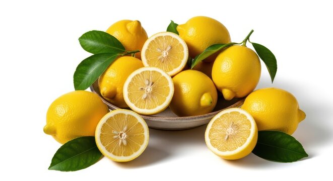 Fresh whole lemons and sliced lemon halves arranged in stone bowl with green leaves isolated on pure white background