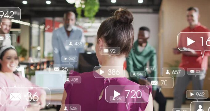 Woman presenter speaking, tapping overlays, alerts growing over team, showing social media growth