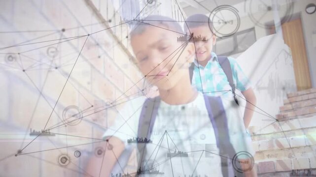 Boys descending stairs while camera dollying in leading network overlay boosting education data