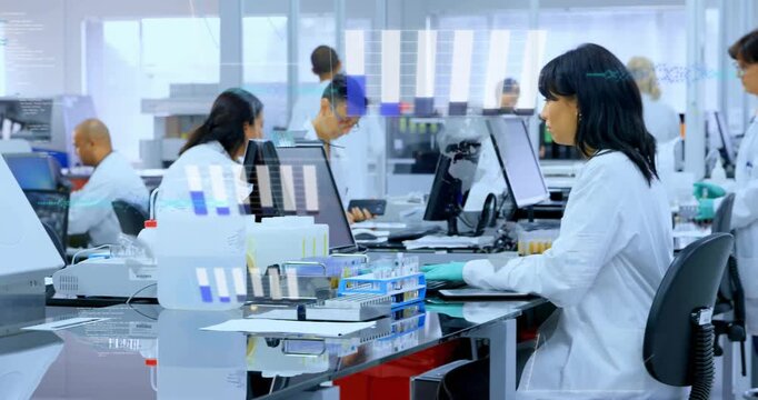 Seated clinical tech handling samples using monitor as camera panning, overlays mapping sample flow