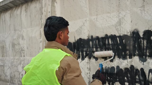 Worker restoring wall with roller brush. Painter skillfully removing graffiti from concrete surface. Professional repairing graffiti with roller on textured concrete surface in safety vest